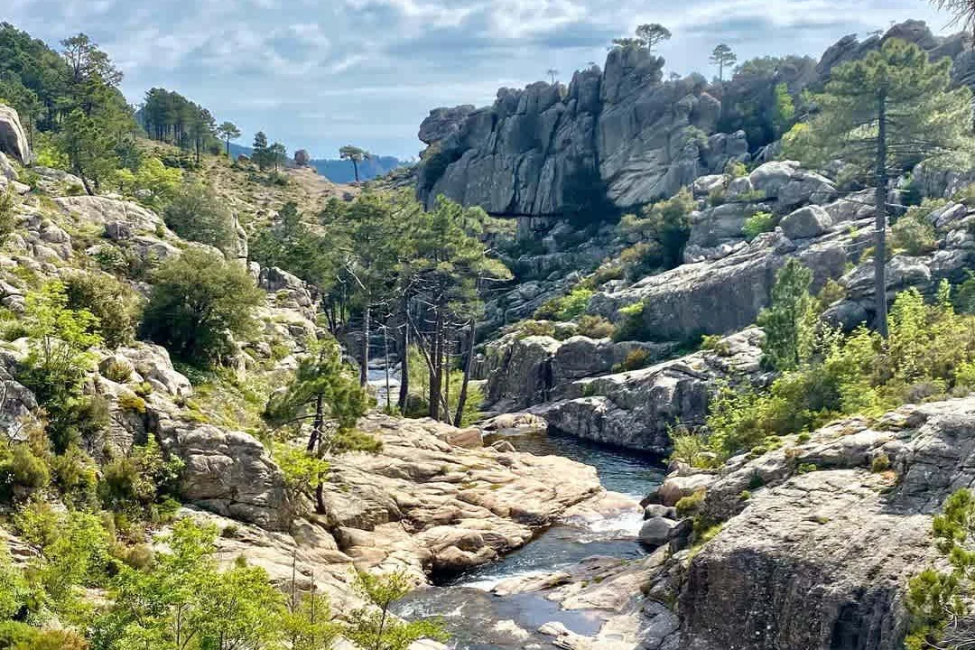 Paysage rocheux et forestier de Piscia di Ghjaddu dans le massif de l’Ospedale