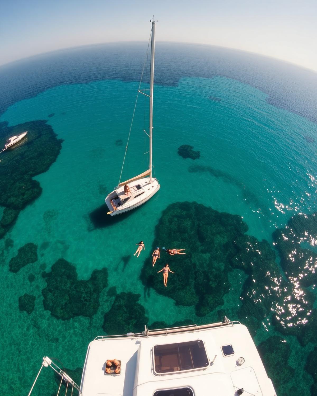 Catamaran au mouillage dans une crique turquoise du sud de la Corse