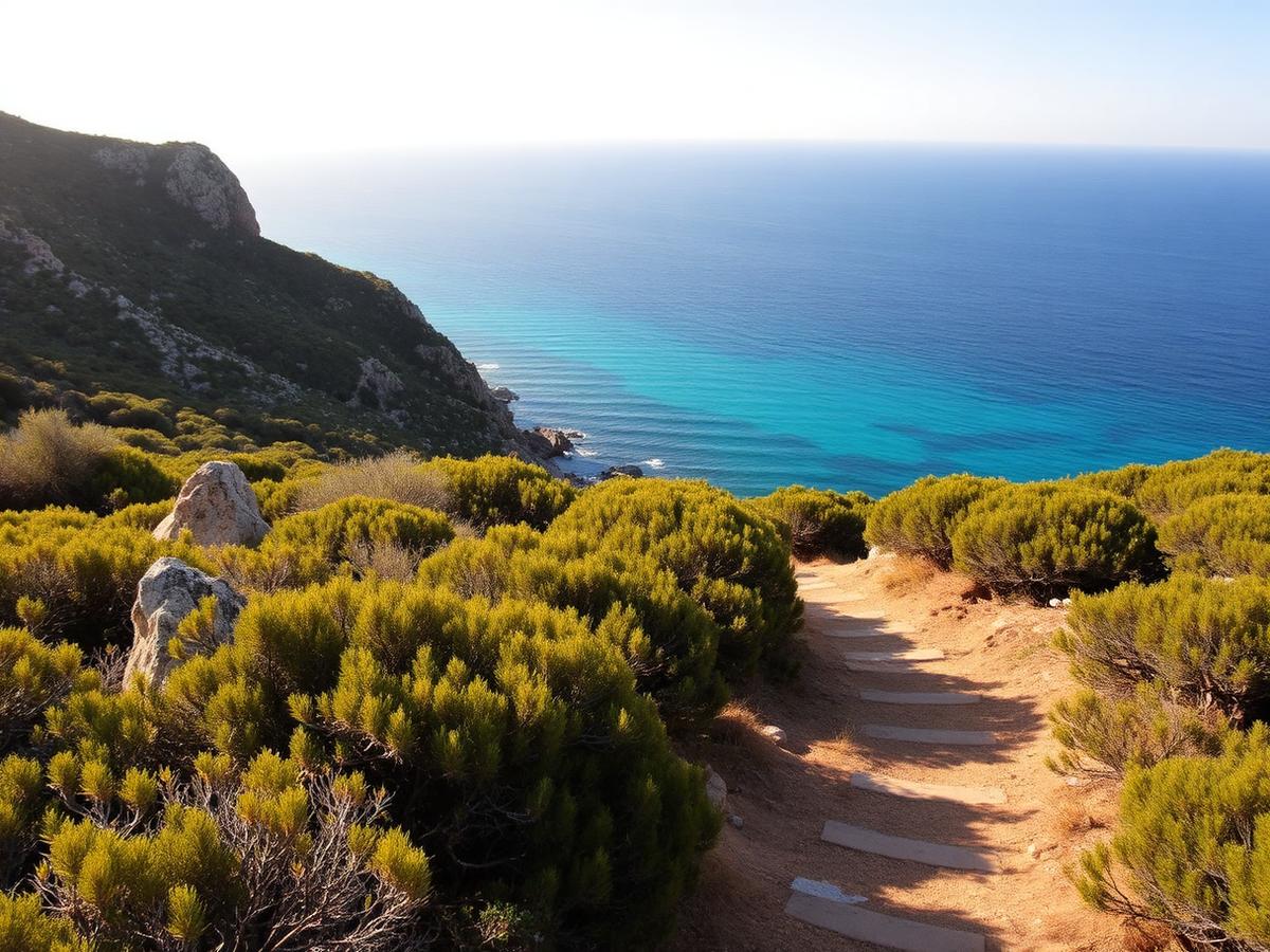 Sentier côtier surplombant la mer dans le sud de la Corse